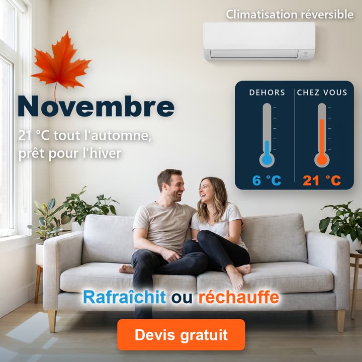 Novembre : couple riant dans un salon lumineux, panneau thermomètre dehors 6 °C, chez vous 21 °C