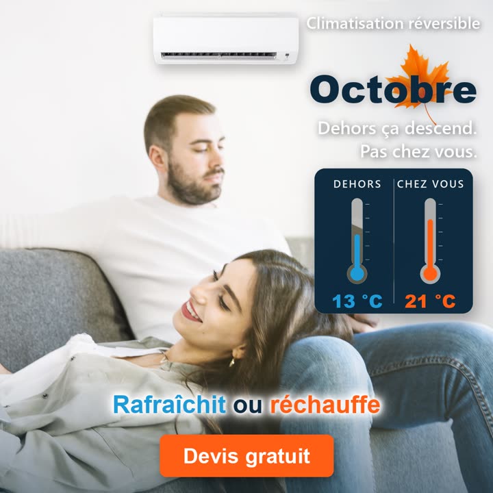 Octobre : couple allongé sur un canapé, panneau thermomètre dehors 13 °C, chez vous 21 °C