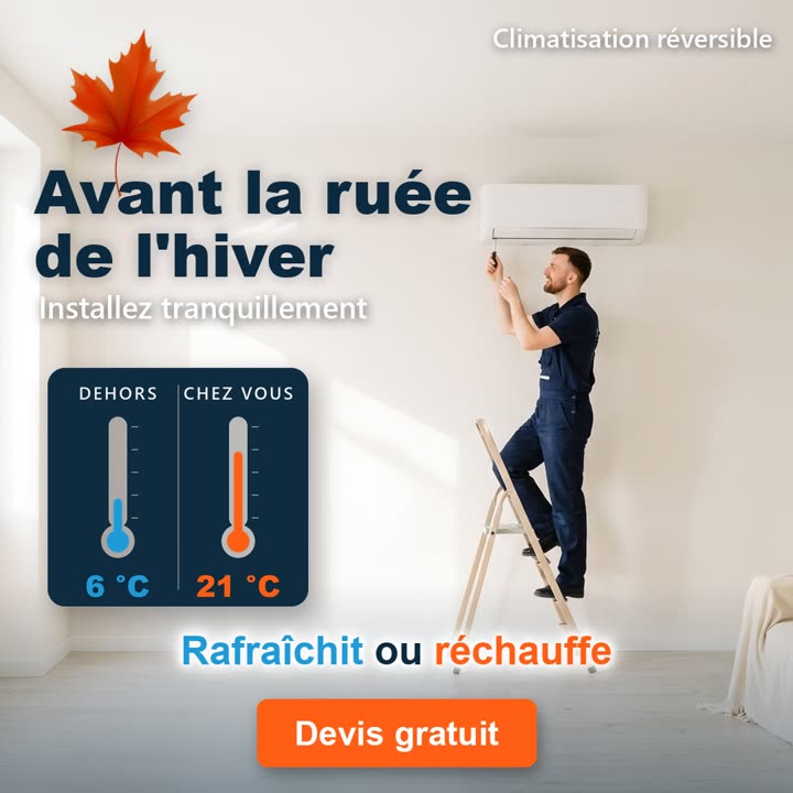 Avant la ruée de l'hiver : technicien sur un escabeau installant un split mural