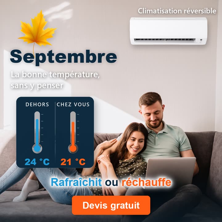 Septembre : couple sur un canapé, panneau thermomètre dehors 24 °C, chez vous 21 °C