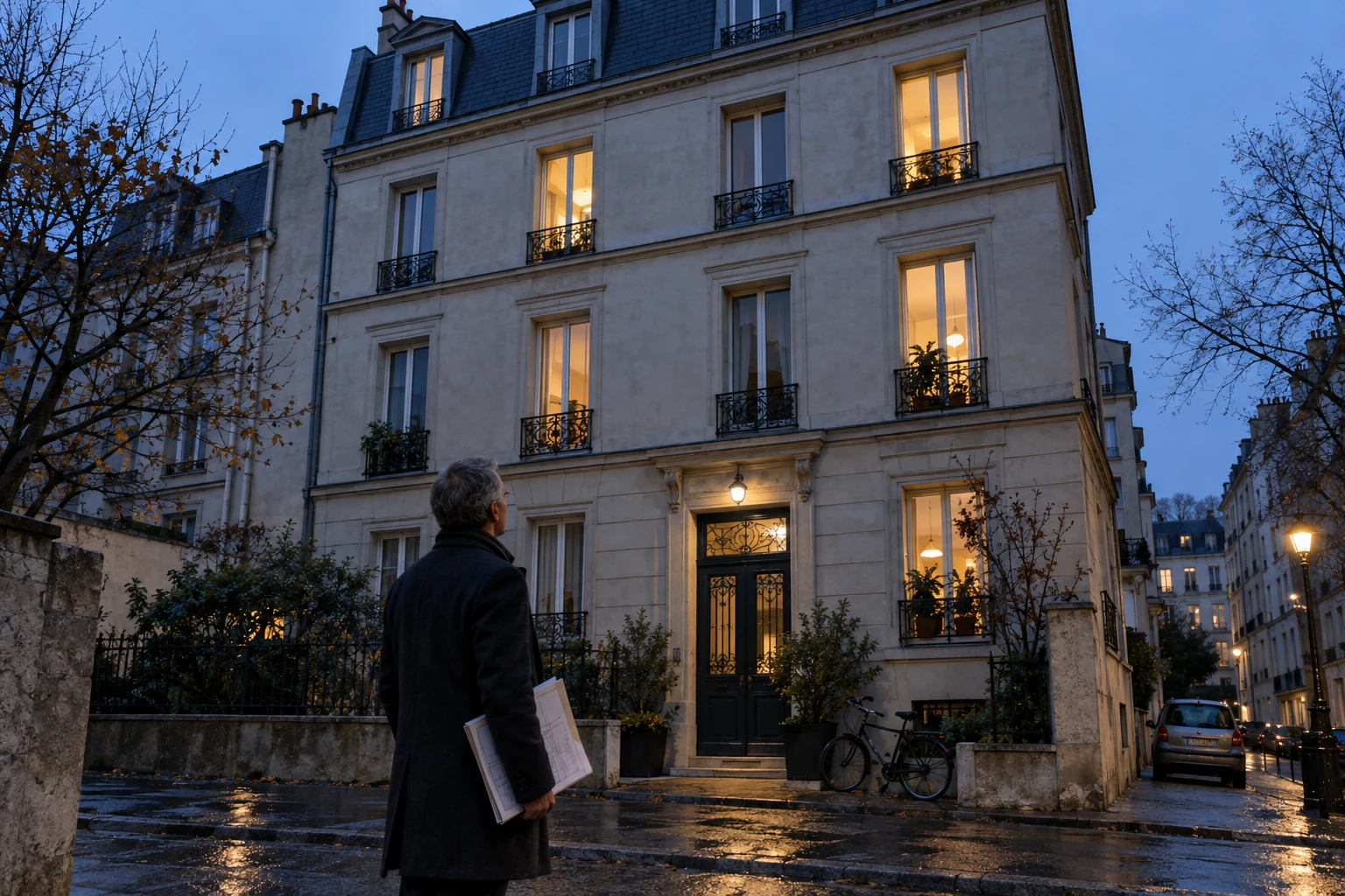Illustration : propriétaire observant un petit immeuble habité à la tombée de la nuit.