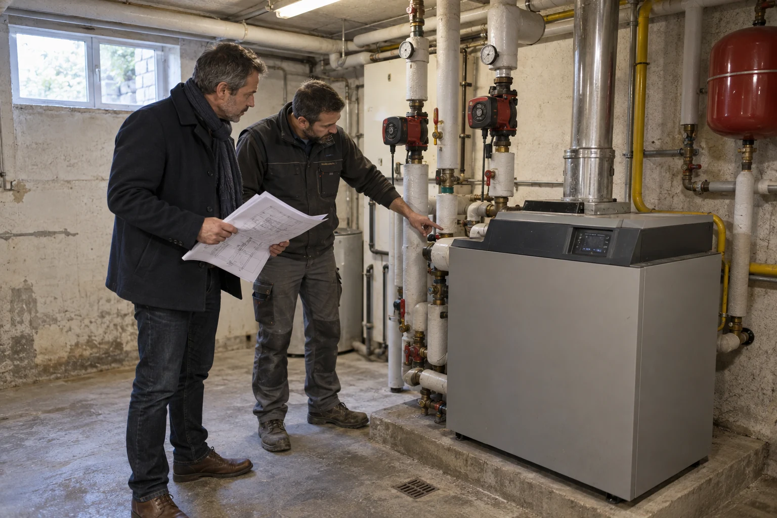 Examen de la chaufferie collective existante par un technicien.