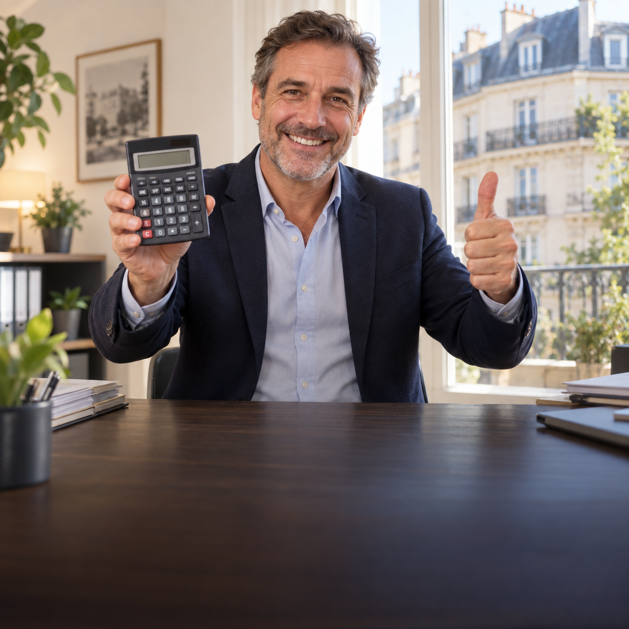 Un professionnel souriant présente une calculatrice à gauche et lève le pouce à droite.
