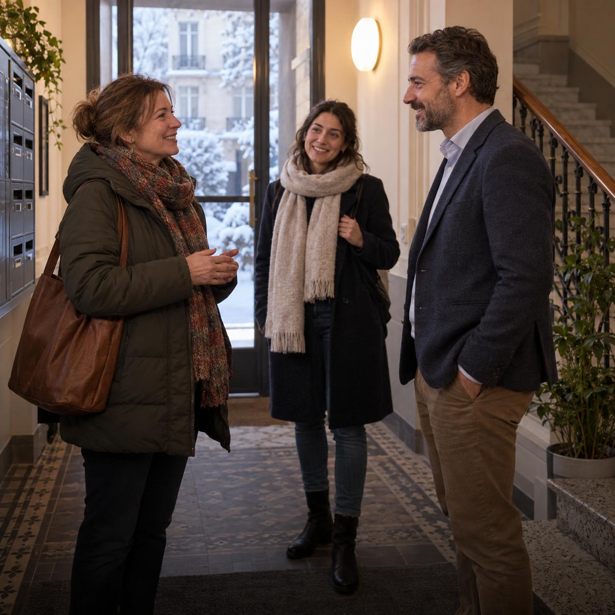 Deux locataires discutent avec le propriétaire dans le hall de leur immeuble.