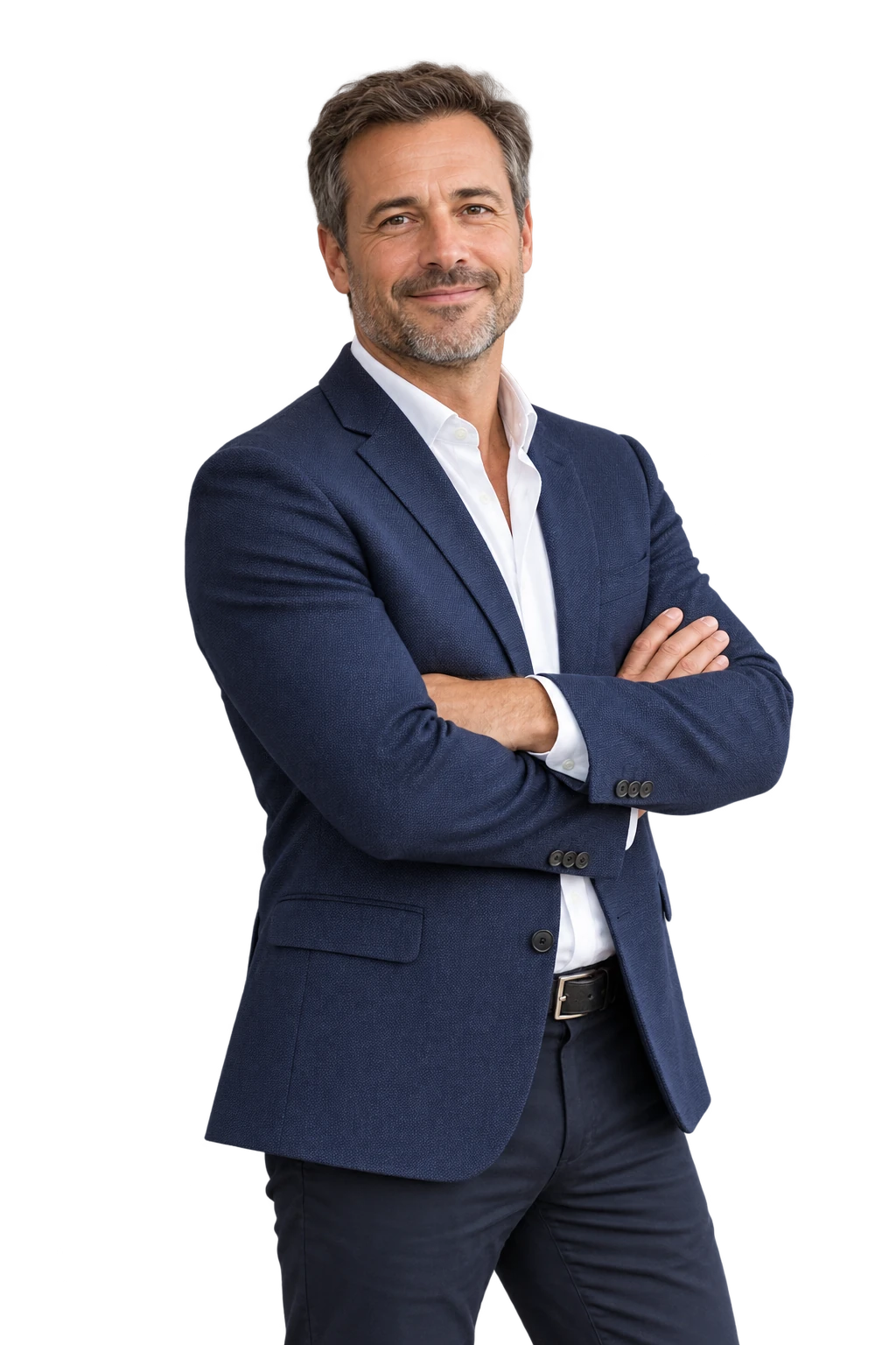 Portrait illustratif d’un professionnel souriant, les bras croisés.