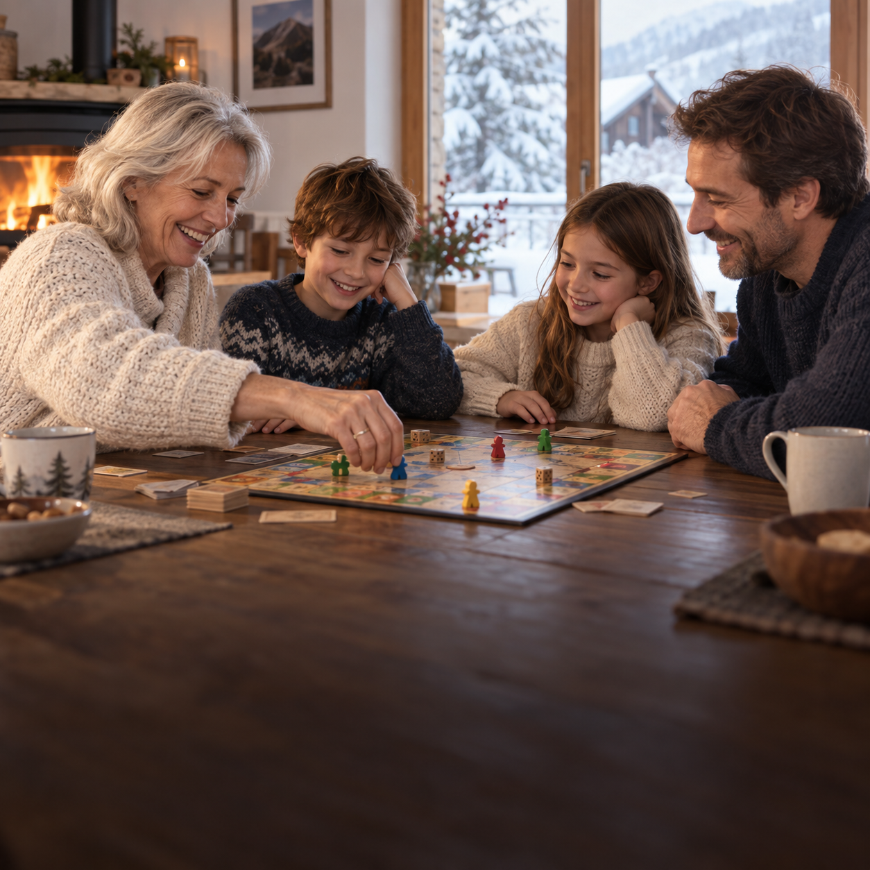 Une famille réunie autour d’un jeu de société dans son salon.
