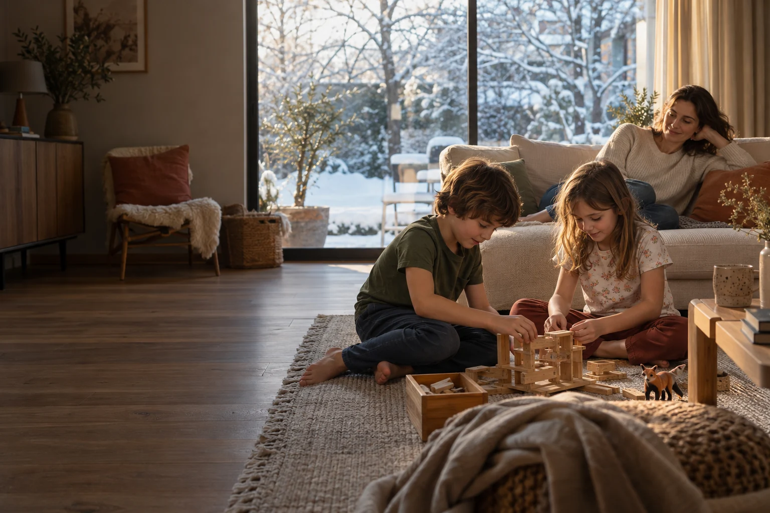 Des enfants jouent pieds nus dans un salon chaleureux, devant un jardin enneige.
