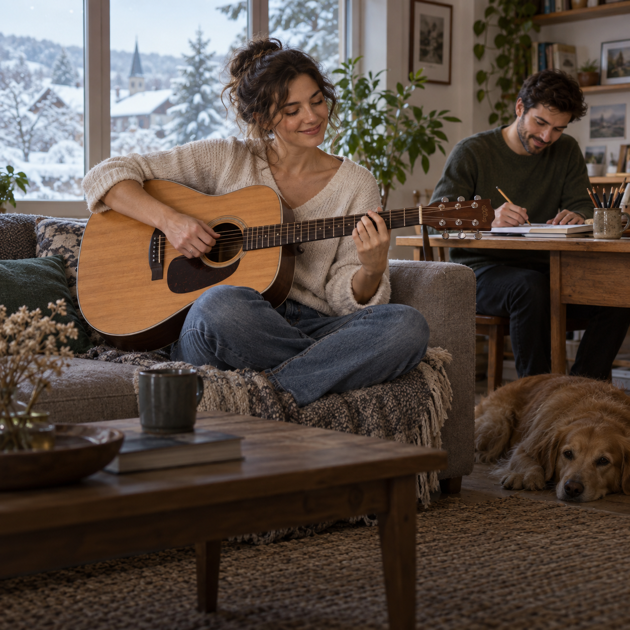 Une personne joue de la guitare pendant qu’une autre dessine dans un intérieur confortable.