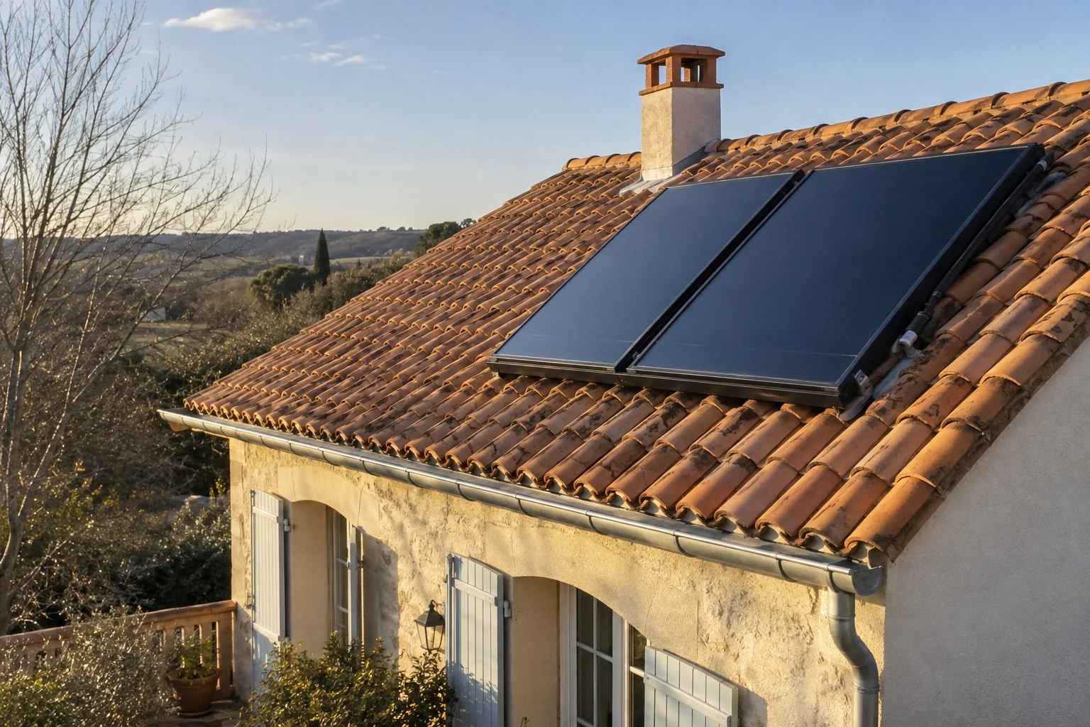 Capteurs solaires thermiques vitrés sur la toiture d’une maison.